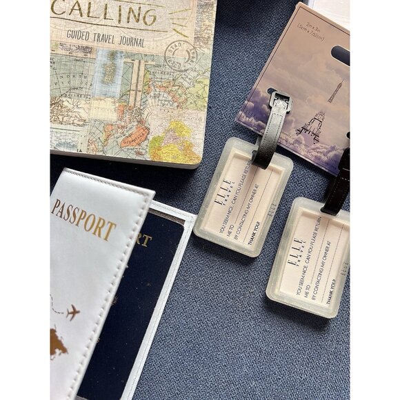 TRAVELER 5 Pc Gift Guided Journal Passport Cover Bag Tags Globe Necklace TRAVEL - Picture 3 of 10